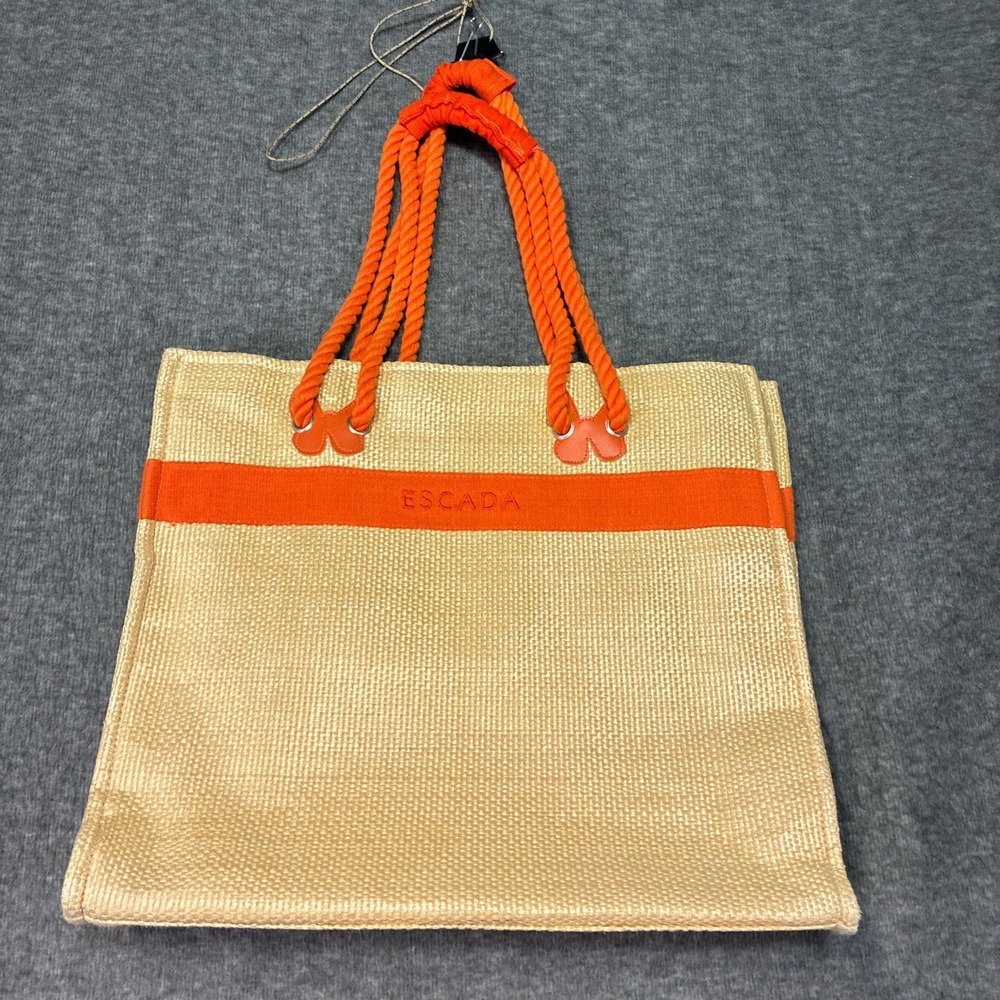 Escada Tote Bag Women Large Tan Orange Straw Rope Handle Beach‎ Travel